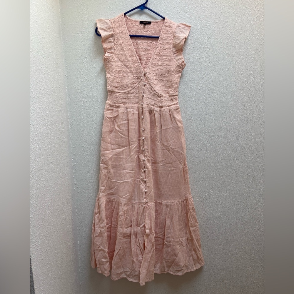 Quince Pink Organic Textured Cotton Smocked V-Neck Midi Dress Size Xs